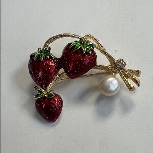 Elegant Red Strawberry Brooch with Pearl Accent